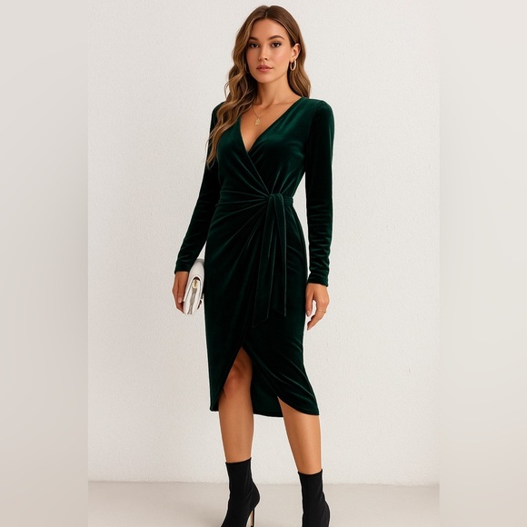 🏷️ SHEIN Tall Solid Wrap Knot Side Velvet Dress - Green, Size XL - Picture 1 of 14